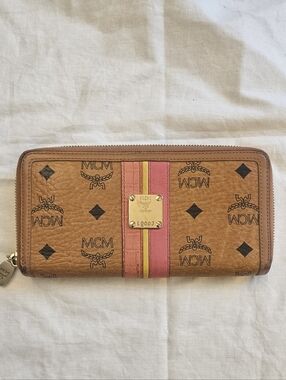 MCM Cognac Visetos Zip Wallet with Pink and Yellow Center Stripe